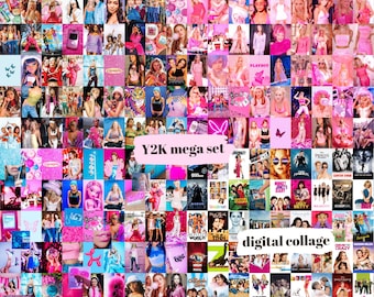 May include: A pink digital collage featuring images of celebrities, fashion, and pop culture icons. The collage includes the text "Y2K mega set" and "digital collage". The overall theme is a nostalgic look at the early 2000s.