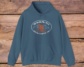 Fietspad unisex hoodie, vintage trui jaren 90 stijl, outdoor avontuur gezellig sweatshirt, mountainbikecadeau, Hiawatha Trail Montana
