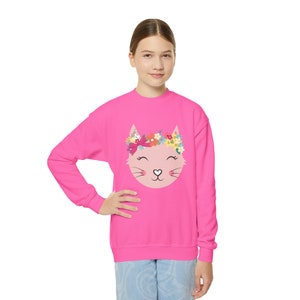 Cat Youth floral Crewneck Sweatshirt cat lover crewneck cat gifts for girls feline lover cat floral crown sweatshirt for girls.