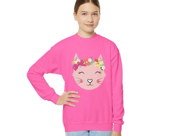 Cat Youth floral Crewneck Sweatshirt cat lover crewneck cat gifts for girls feline lover cat floral crown sweatshirt for girls.