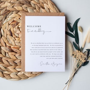 Cartão de boas-vindas de casamento, nota de bolsa de boas-vindas de casamento, cartão de casamento para impressão, modelo de cartão de convidado de casamento em hotel, download instantâneo, Templett