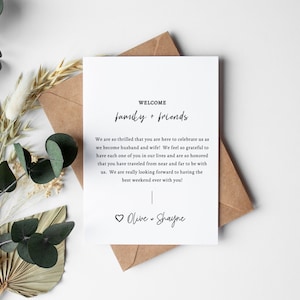 Carte de bienvenue de mariage, note de sac de bienvenue de mariage, carte de mariage imprimable, modèle de carte d'invité de mariage d'hôtel, téléchargement immédiat, Templett