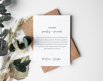 Cartão de boas-vindas de casamento, nota de bolsa de boas-vindas de casamento, cartão de casamento para impressão, modelo de cartão de convidado de casamento em hotel, download instantâneo, Templett
