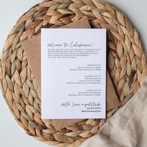 Wedding Welcome Bag Note & Timeline, Wedding Weekend Timeline Template, Wedding Order of Events Editable, Instant Download, Templett