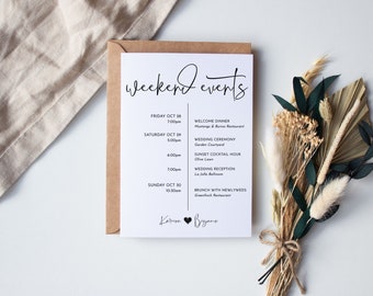 May include: A white card with black text listing weekend events for a wedding. The events include a welcome dinner, wedding ceremony, sunset cocktail hour, wedding reception, and brunch with newlyweds. The card is decorated with a heart and the names "Kate" and "Bryan".