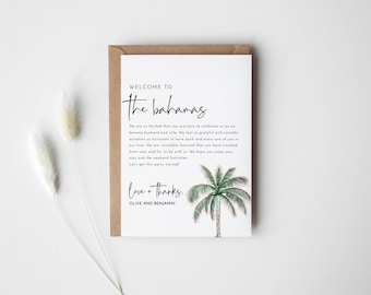 Modelo de carta de boas-vindas para casamento, nota de boas-vindas para hóspedes de hotel, EDITÁVEL, casamento na praia, tropical, nota de boas-vindas para impressão em hotel, palmeira