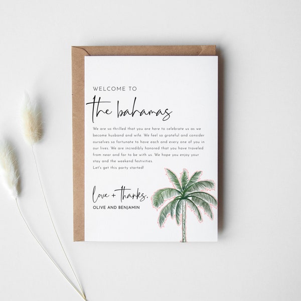 Wedding Welcome Letter Template, Hotel Guest Bag Welcome Note, EDITABLE, Beach Wedding, Tropical, PRINTABLE Hotel Welcome Note, Palm Tree