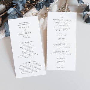 May include: Wedding ceremony program with a white background and black text. The program lists the order of events for the ceremony and includes the names of the wedding party. The text includes the names Haley and Nathan.