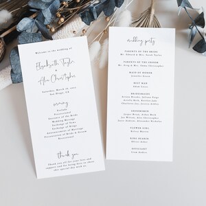 May include: A wedding ceremony program with the names Elizabeth Taylor and Alex Christopher, the date Saturday, March 18, 2023, and the location San Diego, CA. The program lists the order of the ceremony, including the processional, entrance of the bride, wedding vows, exchange of rings, and the recessional. The program also includes a list of the wedding party, including the parents of the bride and groom, the maid of honor, best man, bridesmaids, groomsmen, flower girl, ring bearer, and officiant.