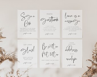 Puede incluir: Seis tarjetas blancas con texto en caligrafía negra. Las tarjetas son para una recepción de boda e incluyen instrucciones para que los invitados firmen un corcho, dejen un mensaje, tomen una foto, brillen con una varita luminosa, dejen su dirección y estén enamorados, no picados.