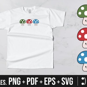 cogumelo fofo svg, conjunto de 3 (vermelho, azul, verde), eps, png, arquivos pdf, arquivos de corte cricut, cogumelos kawaii, arquivo digital