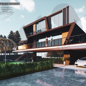May include: A modern, three-story house with a brown exterior and large windows. The house has a swimming pool, a terrace, and a garage. The text "Z HOUSE DESIGN (TRIPLEX HOUSE)" is at the top of the image.