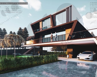 House Plan / Modern Villa Design | 3 Storey | 4047.23 SQFT( 376 m2) | Render / 3D / Revit CAD / PDF File (Imperial+Metric Units)