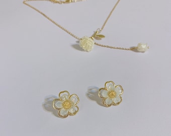 S925 silver flower earring necklace jewelry sets floral design necklace