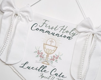 Personalized First Holy Communion Door Sign (Girl) | Custom Communion Banner with Name & Date | Religious Keepsake Decor