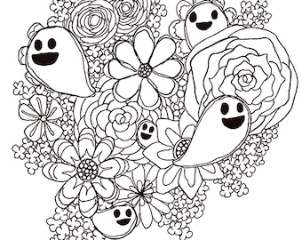 Happy Ghost Flowers Coloring Page