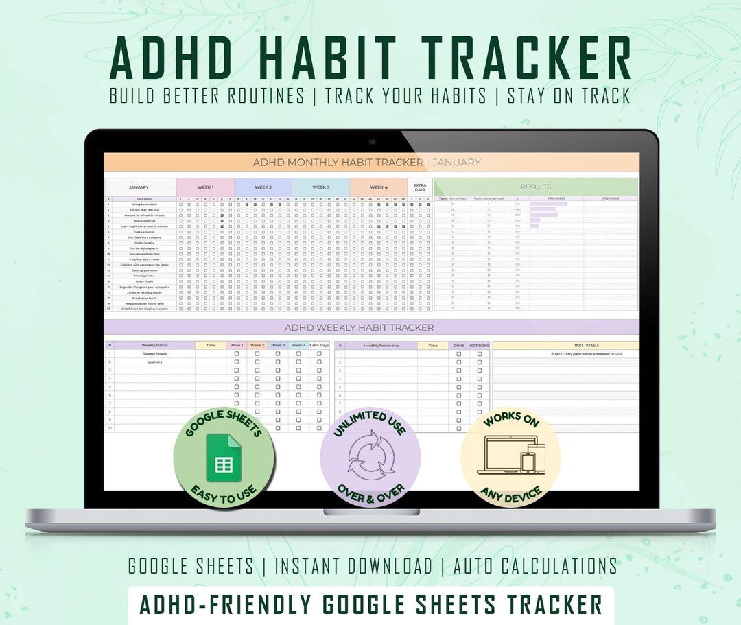 ADHD Habit Tracker Google Sheets | Weekly & Monthly Planner ...
