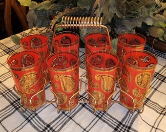 Vintage MCM Culver Red Paisley Highball 22kt gold Rare 1950-1960 Barware 8 Glasses and Carrier