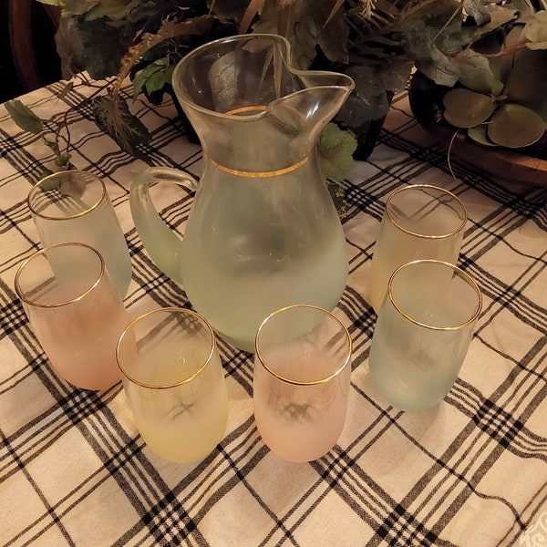 Mind Century Blendo Pastel Frosted Pitcher and Glass Set West Virgina Glass