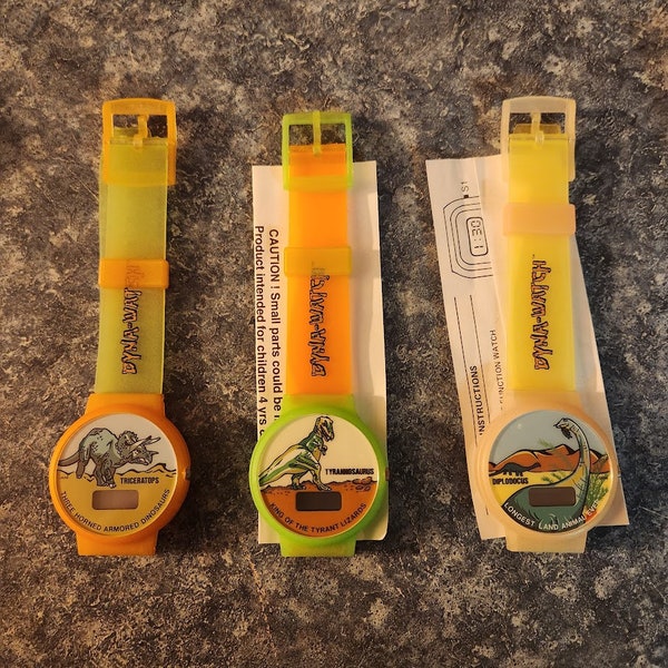 Vintage 1980s Dyna-Watches Triceratops, Tyrannosaurus, and Diplodocus Watches NIP