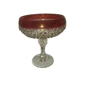 May include: A clear glass pedestal bowl with a red rim and a diamond pattern. The bowl is on a white background.