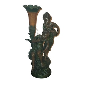 Art Nouveau Style Figural Lamp Boy Girl Bronzed Frosted Tulip Shade Lamp