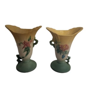 Vintage Hull Woodland Vintage Pair of Hull Woodland Green/Yellow Flared Top Vases