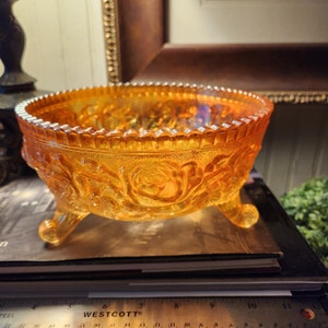 VTG Imperial Roses Pattern Marigold Carnival Glass Footed Bowl
