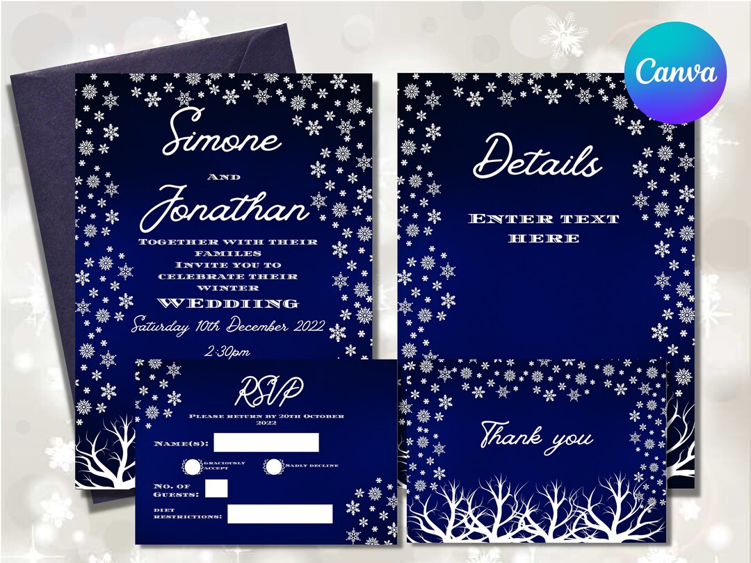 Printable Winter Wedding Invitation Template Suite. Navy Blue and ...