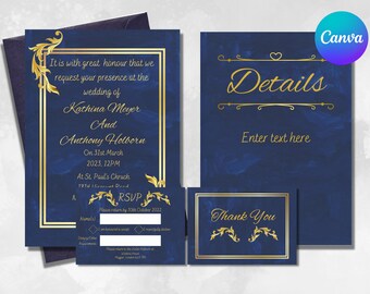Orientica Royal Blue Velvet and Gold Bordered Wedding Invitation Templates. Royal Blue Velvet Paper. Set of 4. Instant Download.