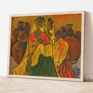 May include: A painting of two women in traditional Indian clothing sitting with a pile of clay pots in front of them. The painting is done in a colorful style with warm tones of yellow, orange, and brown.