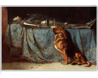 May include: A painting depicting a knight in armour lying on a bed with a dog sitting beside him. The knight is wearing a silver helmet and armour, and the dog is a brown and white bloodhound.