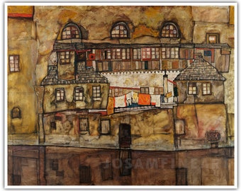 May include: A painting of a multi-level building with a brown, yellow, and white color scheme. The building has many windows and a roof with a chimney. There are clothes hanging on a line in front of the building.