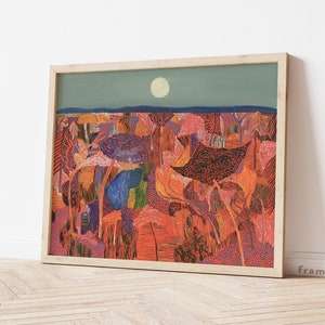 Könnte beinhalten: Ein Gemälde, das ein Feld mit bunten, abstrakten Bäumen unter einem Vollmond zeigt. Die Bäume sind in Rot-, Orange-, Lila- und Blautönen gemalt. Der Mond ist ein heller weißer Kreis am Himmel.