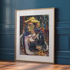 May include: A framed painting depicting a person wearing a yellow hat holding a black rooster. The painting is executed in a colourful, abstract style.
