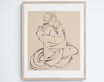 Lady Holding a Cat by Katsushika Hokusai, c. 1810, Giclee Art Print of an Ink on paper print, Living Room Wall Art, Wall Decor, Cat Art
