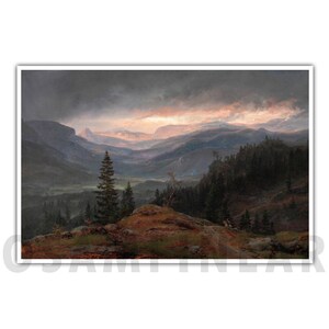 May include: A painting depicting a mountain landscape with a dark, stormy sky. The sun is setting behind the mountains, casting a warm glow on the scene. A single tree stands in the foreground, silhouetted against the sky.
