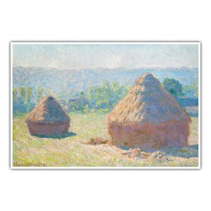 May include: A painting of two large haystacks in a field. The haystacks are a light brown color and are surrounded by a field of green grass. The sky is a light blue color and there are trees in the background.