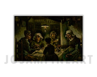 May include: A painting depicting a group of five people seated around a table in a dimly lit room. The people are dressed in simple clothing and appear to be eating a meal. The painting is done in a dark palette with muted colours. The light source is a single oil lamp hanging from the ceiling.