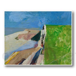 May include: Abstract painting of a landscape with a green field, a blue sky, and a white building in the distance. The painting is done in a loose, gestural style with thick brushstrokes.