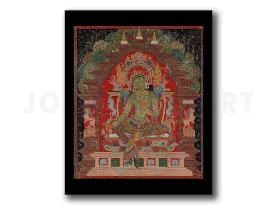 絵画　チベット宗教 チベット仏教タンカ「グリーンターラ」（1260年代頃）、ジクレー版画