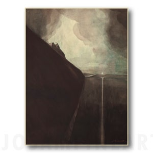 Może przedstawiać: Akwarela przedstawiająca ciemną, skalistą klif z wąską ścieżką prowadzącą do odległego, jasnego światła. Niebo jest wypełnione wirującymi chmurami, tworząc dramatyczną i tajemniczą atmosferę.