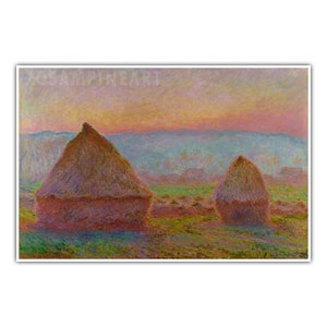 May include: A painting of a field with two haystacks in the foreground. The sky is a soft pink and orange, and the field is a vibrant green. The haystacks are a muted brown and are slightly out of focus.