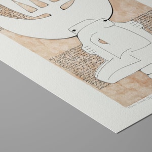 May include: A black and white line drawing of a stylized figure with a crown and a large, abstract hand. The drawing is on a brown background with text in a foreign language. The text reads "wisdom - The Lost Letters". The artist's signature is in the bottom right corner.