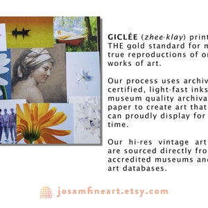 Op de afbeelding: Een collage van afbeeldingen die het hoogwaardige drukproces voor kunstreproducties laten zien. De tekst beschrijft Gicl&eacute;e-printen als de gouden standaard voor het maken van getrouwe reproducties van originele kunstwerken. Het proces maakt gebruik van gearchiveerde, lichtvaste inkten op archiefpapier van museumkwaliteit om kunst te cre&euml;ren die je een leven lang met trots kunt tentoonstellen. De tekst vermeldt ook dat de hoge resolutie vintage kunstscans rechtstreeks afkomstig zijn van geaccrediteerde musea en kunstdatabases. Het websiteadres josamfineart.etsy.com is onderaan opgenomen.