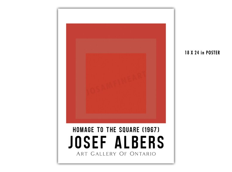 Op de afbeelding: Een rode en witte poster met een geometrisch abstract schilderij van Josef Albers met de titel "Hommage aan het Vierkant (1967)". De poster is 45,7 cm bij 61 cm en is afkomstig uit de Art Gallery of Ontario.