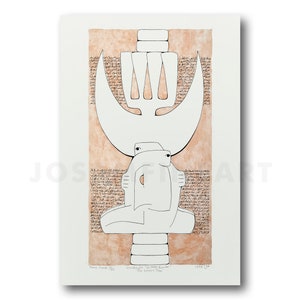 May include: A black and white line drawing of a stylized figure with a trident on a peach background with text. The text reads "The Lowest Tree".