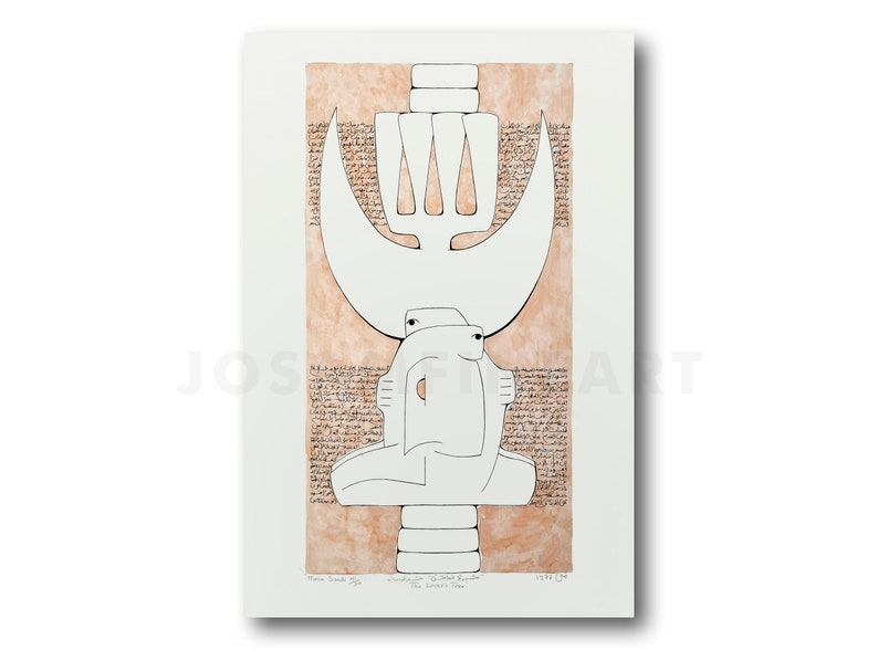 May include: A black and white line drawing of a stylized figure with a trident on a peach background with text. The text reads "The Lowest Tree".