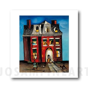 Può includere: Un dipinto che rappresenta una casa in mattoni rossi con più finestre e una porta. La casa è circondata da un cielo blu e da un prato verde. Ci sono diverse figure nelle finestre e fuori dalla casa.