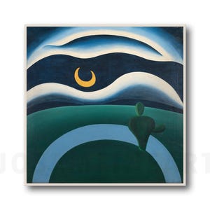 May include: A square painting featuring a dark blue night sky with a yellow crescent moon and white cloud bands above a green landscape. A light blue curved path crosses the foreground, and a dark green cactus-like shape stands on the right.
